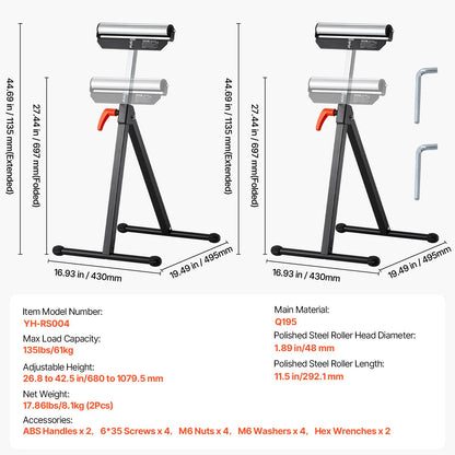 2-Pack Roller Stands, 61 kg Load Capacity, 680-1079.5 mm Adjustable Height, Folding Heavy Duty with Polished Steel Roller Head & Edge Guides, for Table Saw Outfeed Woodworking Extension Support