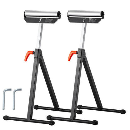 2-Pack Roller Stands, 61 kg Load Capacity, 680-1079.5 mm Adjustable Height, Folding Heavy Duty with Polished Steel Roller Head & Edge Guides, for Table Saw Outfeed Woodworking Extension Support