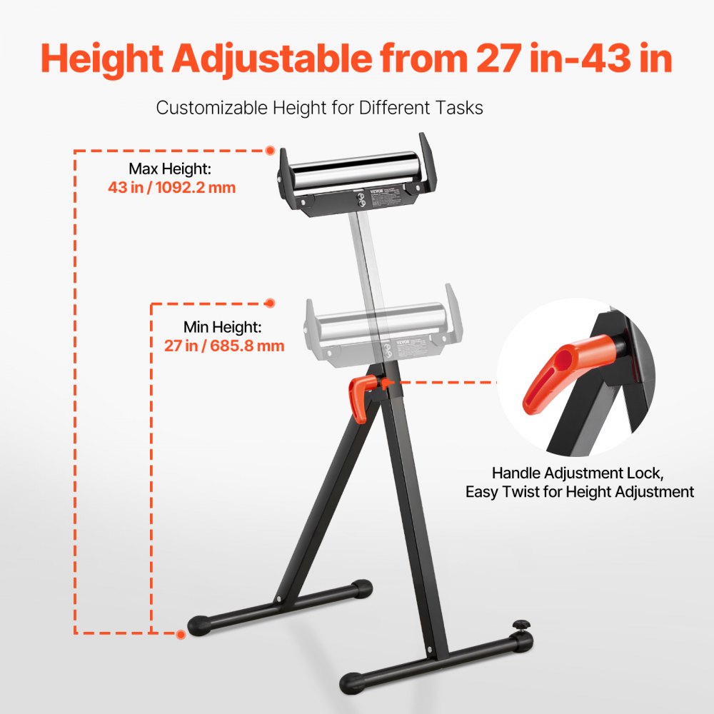 2 PCs Woodworking Roller Stands Max Load 113 kg Adjustable 685.8-1092.2 mm