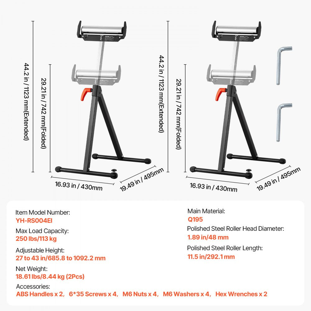 2 PCs Woodworking Roller Stands Max Load 113 kg Adjustable 685.8-1092.2 mm