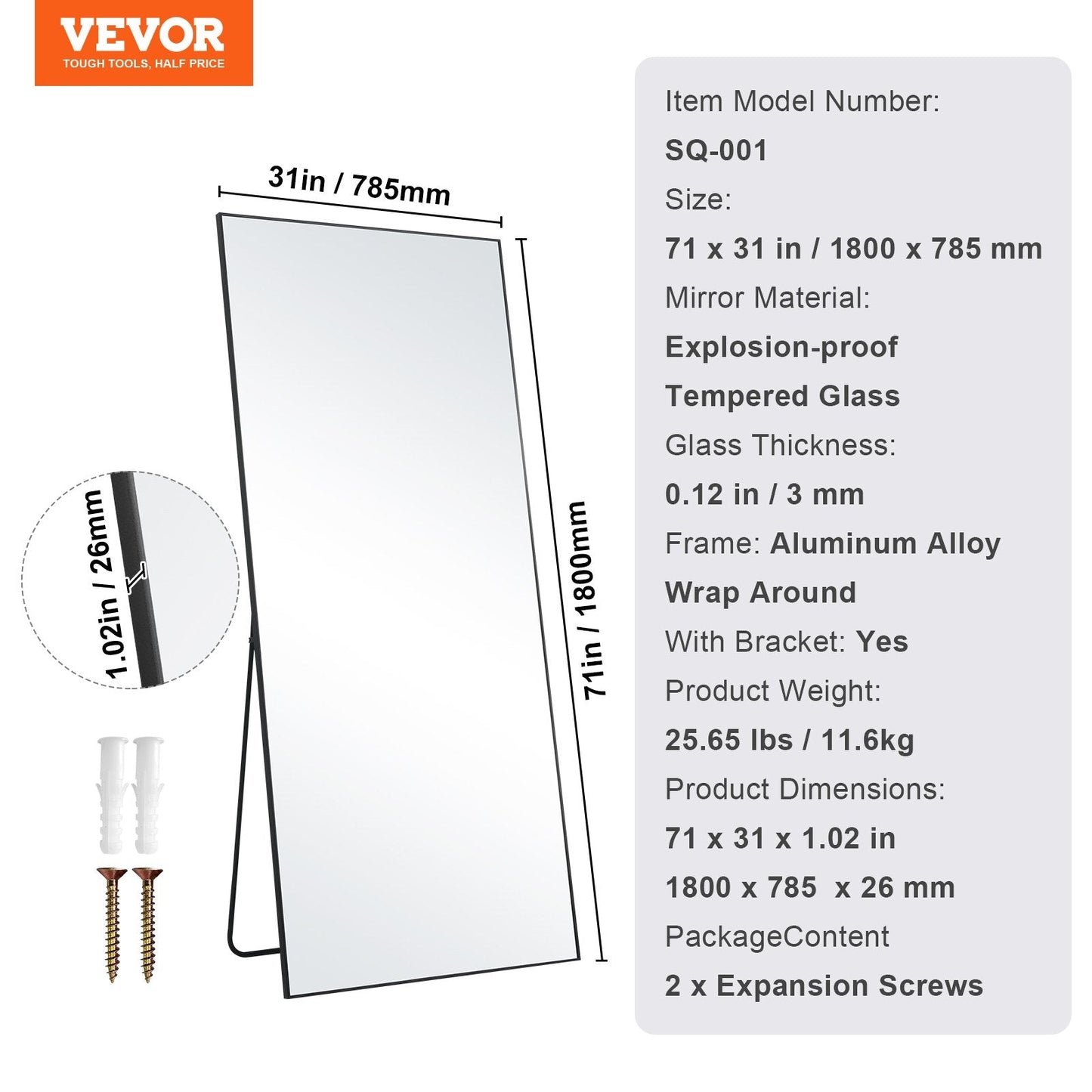 Full Body Mirror 1800x785 mm, Large Rectangle with Stand for Living Room/Bedroom