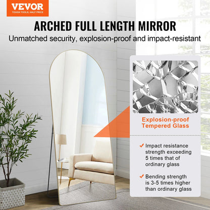 Arched Full Length Mirror, 1.8 x 0.76 m, Black Aluminum Frame, Free Standing