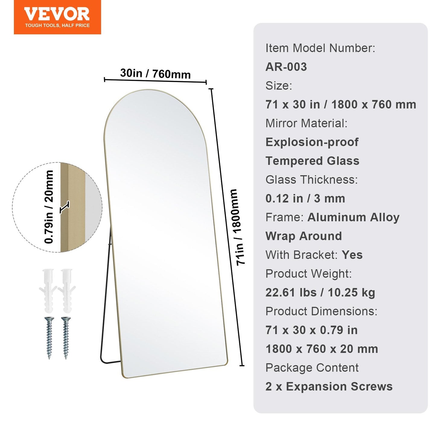 Arched Full Length Mirror, 1.8 x 0.76 m, Black Aluminum Frame, Free Standing
