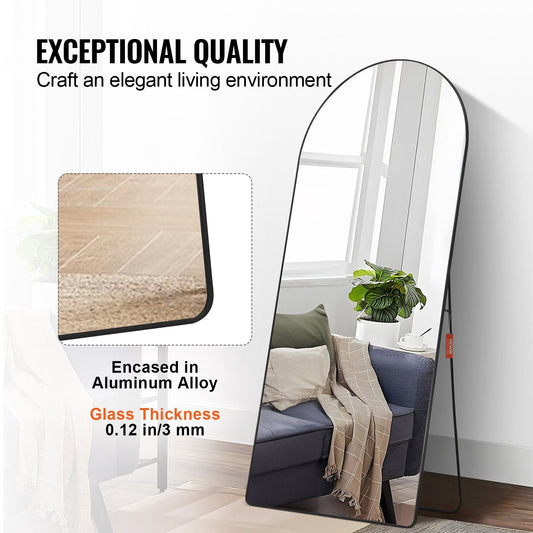 Arched Full Length Mirror 1.8 x 0.81 m, Black Aluminum Frame, Floor & Wall Mounted