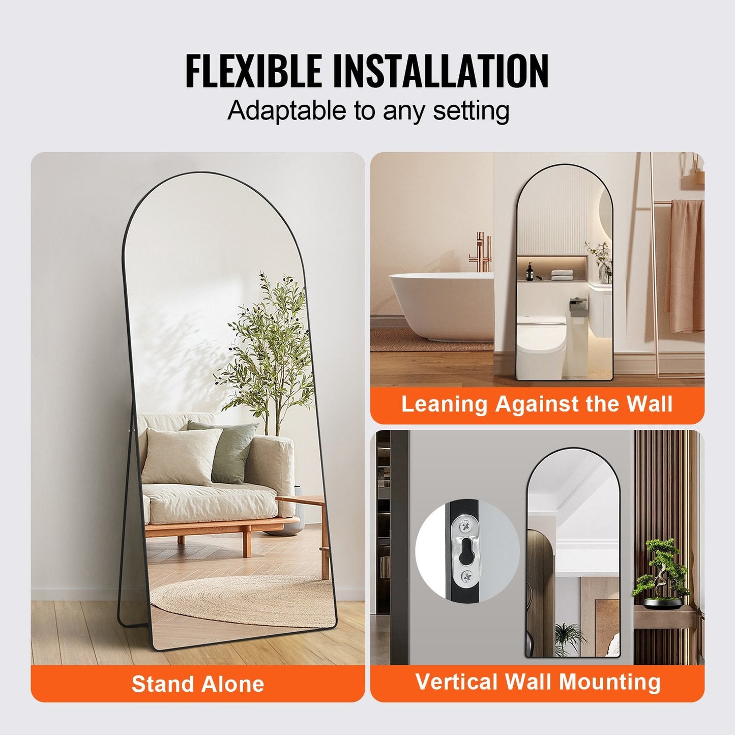 Arched Full Length Mirror 1.8 x 0.81 m, Black Aluminum Frame, Floor & Wall Mounted