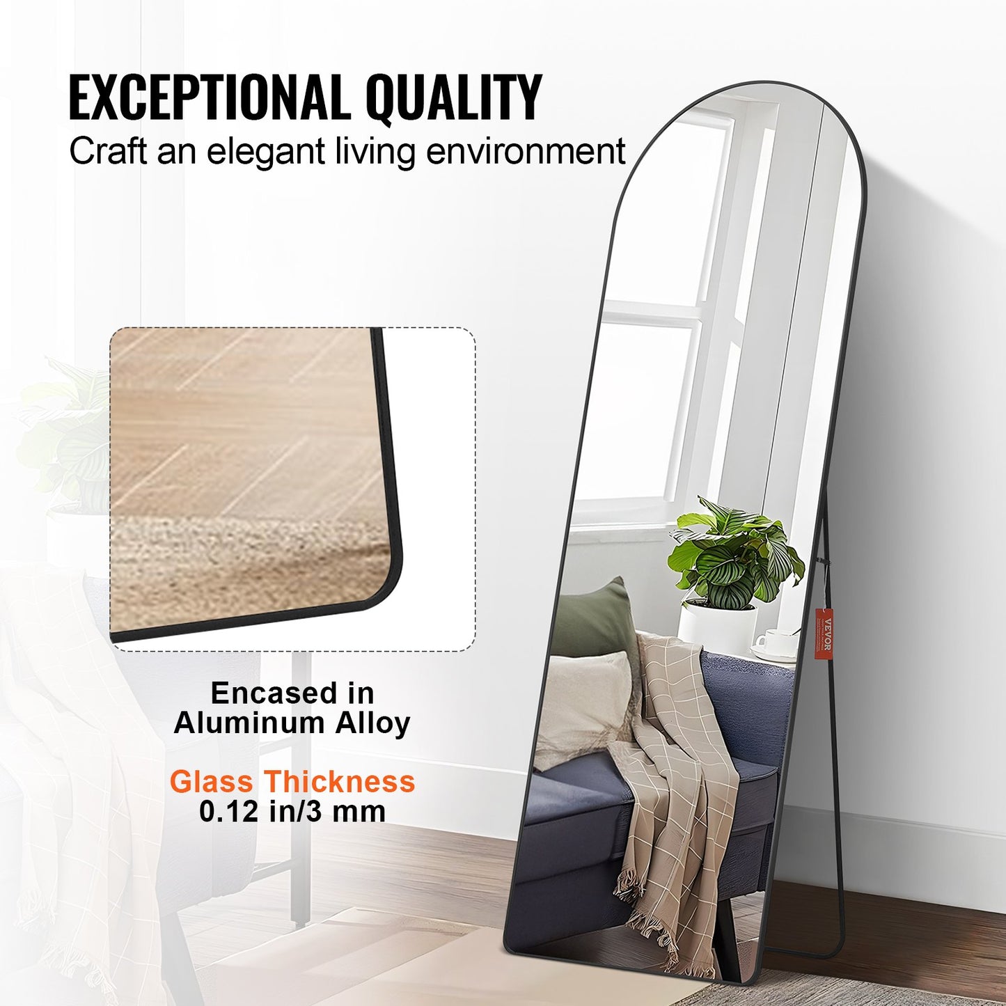 VEVOR Arched Full Length Mirror, 1650 x 558 mm, Large Free Standing Leaning Hanging