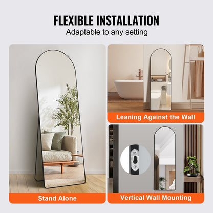 Arched Full Length Mirror 1.65 x 0.56m, Freestanding & Wall Mounted, Black