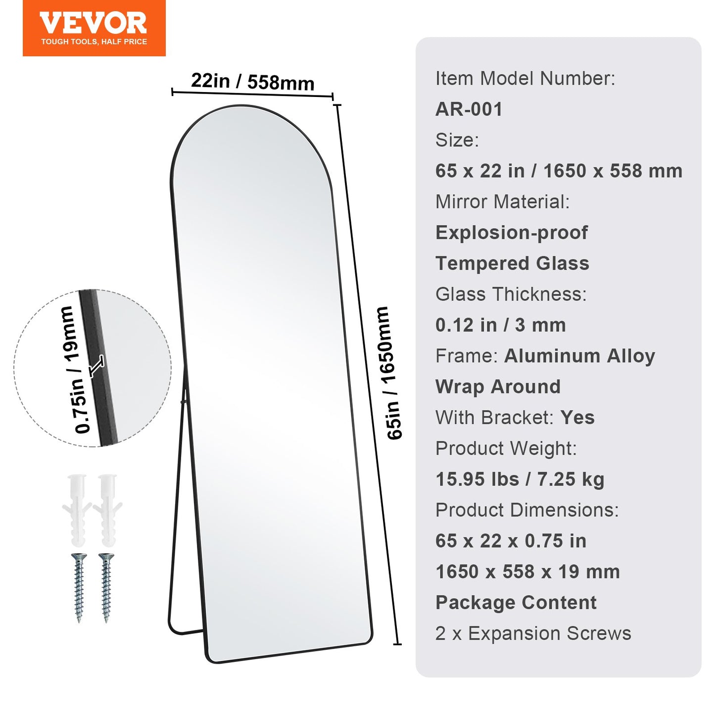 VEVOR Arched Full Length Mirror, 1650 x 558 mm, Large Free Standing Leaning Hanging