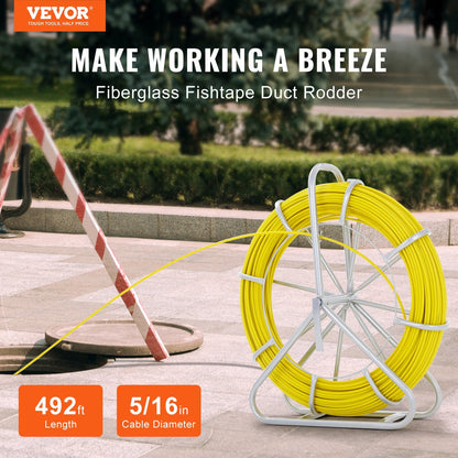 Fiberglass Fish Tape Wire Puller, 150m, 7.9mm, with Steel Reel and Brake Handle