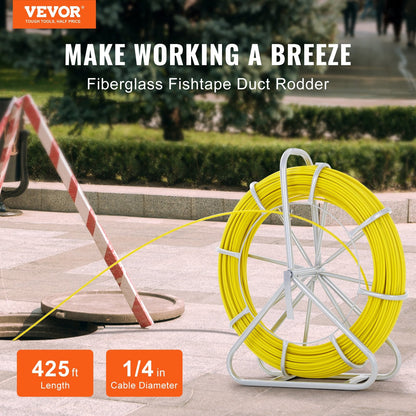 Fiberglass Fish Tape Wire Puller, 129.5 m, 6.35 mm with Steel Reel Stand