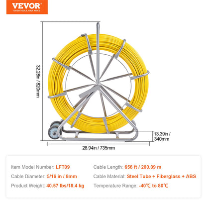VEVOR Fish Tape Puller Fiberglass 200 m 7.94 mm Wire Cable Running Duct Rodder