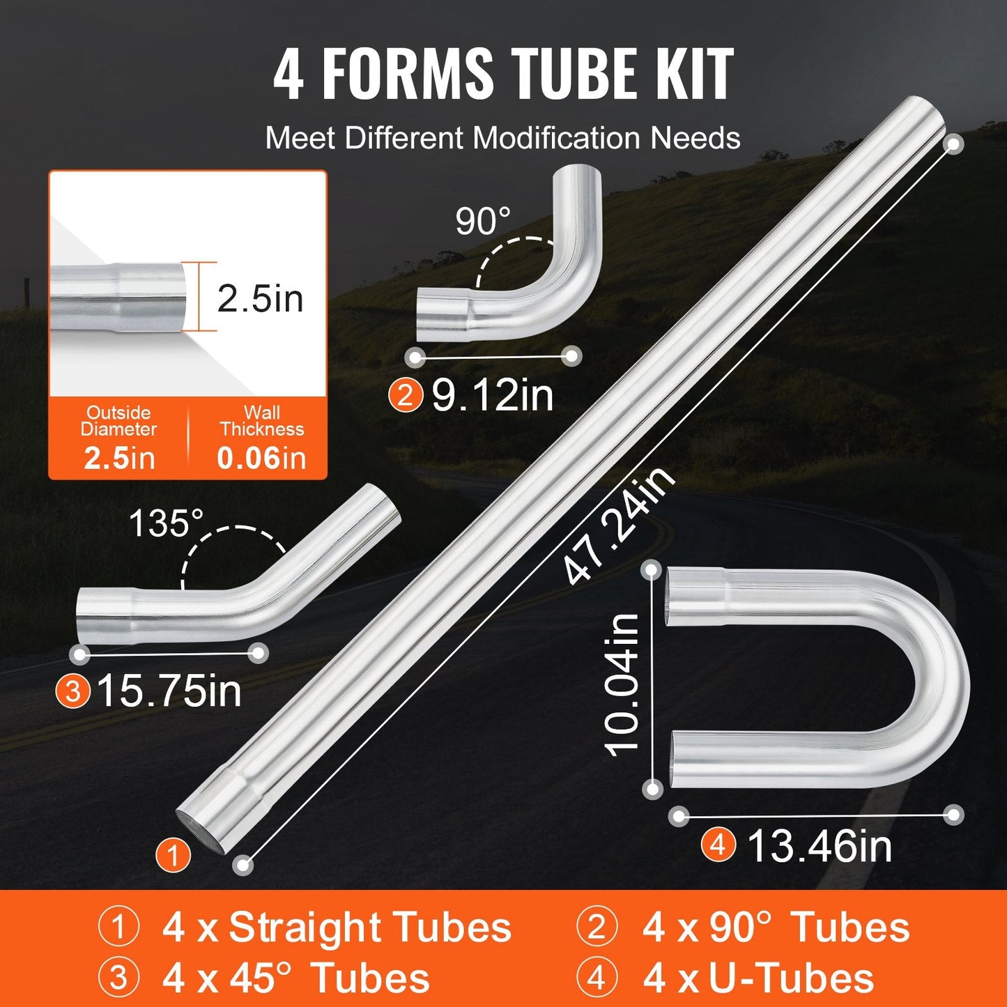 Universal DIY Exhaust Pipe Kit, 16-Piece, Slip-Fit, Steel, Easy Install