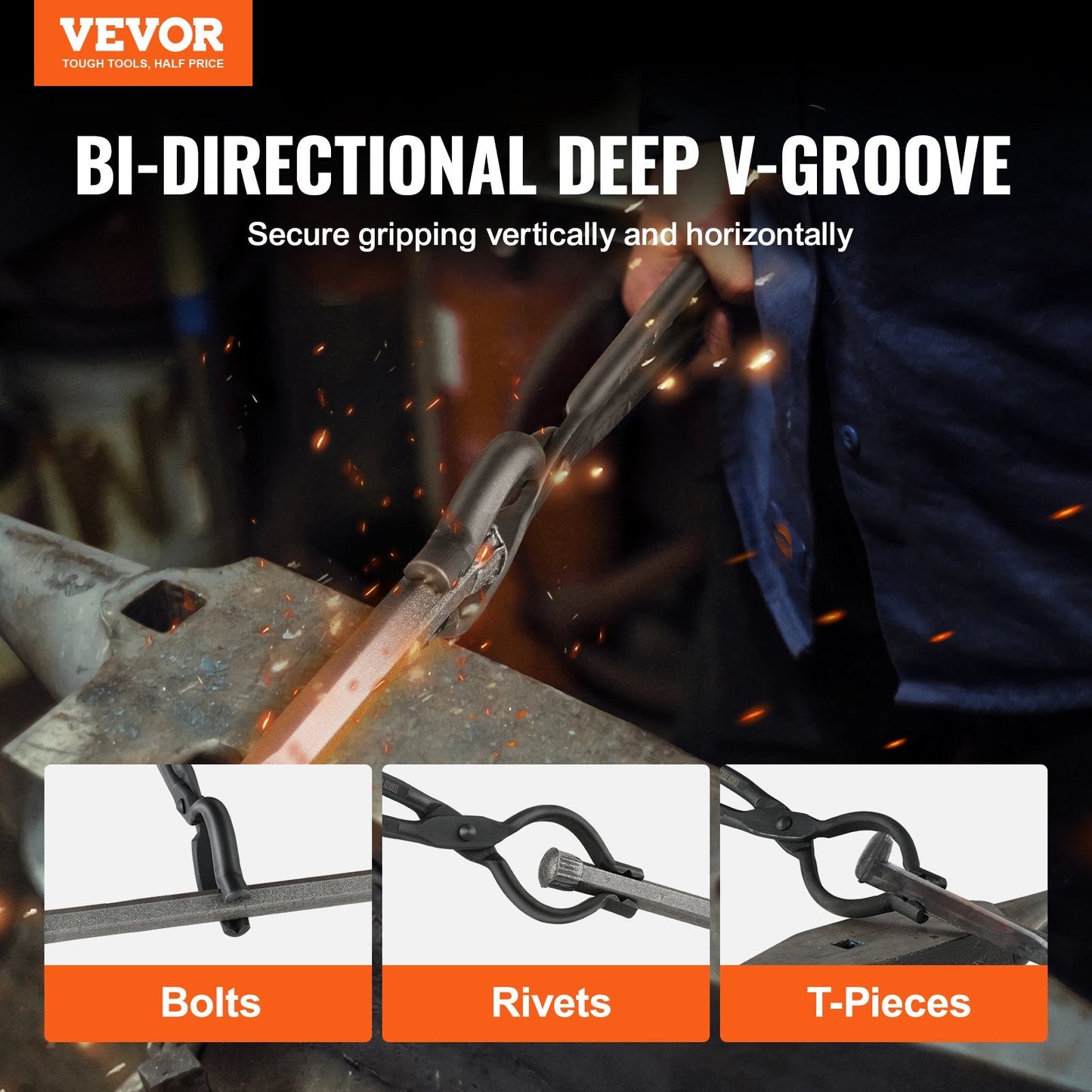 Blacksmith V-Bit Bolt Tongs, 0.46m Carbon Steel with Ergonomic Design
