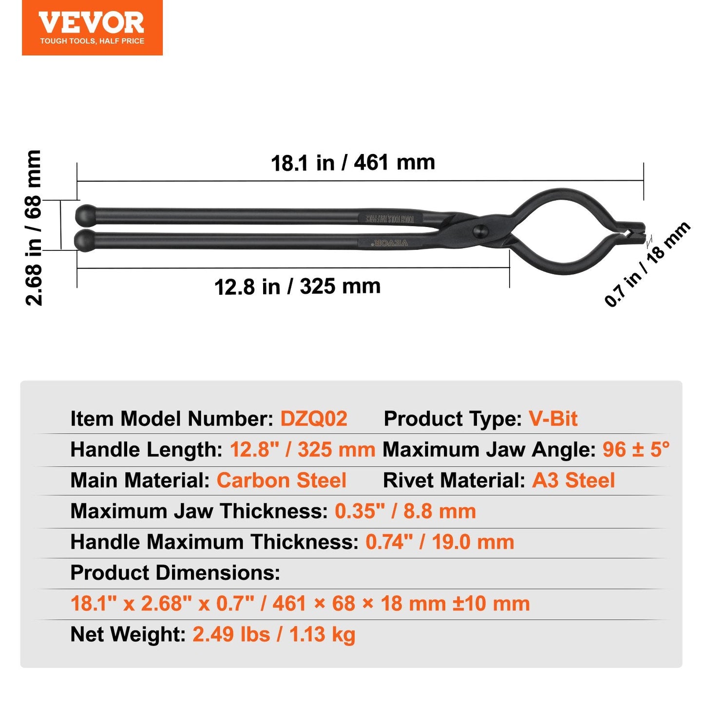 Blacksmith V-Bit Bolt Tongs, 0.46m Carbon Steel with Ergonomic Design