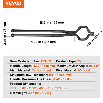 Blacksmith Z V-Bit Tongs, 46 cm Carbon Steel, Ergonomic Handle for Forging