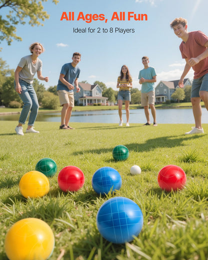 Bocce Ball Set, 100 mm, with 8 Resin Balls, Pallino, Carrying Bag and Measuring Rope, Red/Green/Blue/Yellow 4 Colors, for 2 to 8 Players, Bocce Ball Game Set for Beach, Lawn, Family Backyard
