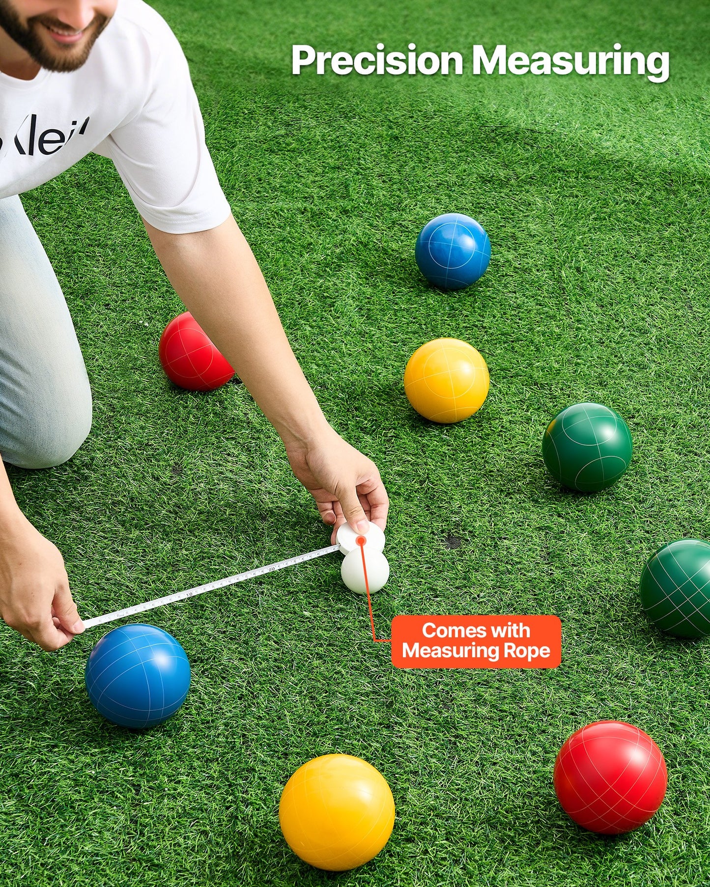 Bocce Ball Set, 100 mm, with 8 Resin Balls, Pallino, Carrying Bag and Measuring Rope, Red/Green/Blue/Yellow 4 Colors, for 2 to 8 Players, Bocce Ball Game Set for Beach, Lawn, Family Backyard