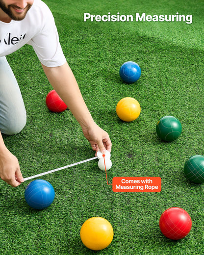 Bocce Ball Set, 100 mm, with 8 Resin Balls, Pallino, Carrying Bag and Measuring Rope, Red/Green/Blue/Yellow 4 Colors, for 2 to 8 Players, Bocce Ball Game Set for Beach, Lawn, Family Backyard