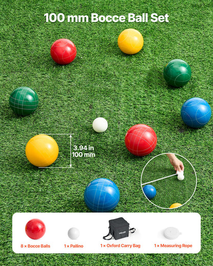 Bocce Ball Set, 100 mm, with 8 Resin Balls, Pallino, Carrying Bag and Measuring Rope, Red/Green/Blue/Yellow 4 Colors, for 2 to 8 Players, Bocce Ball Game Set for Beach, Lawn, Family Backyard