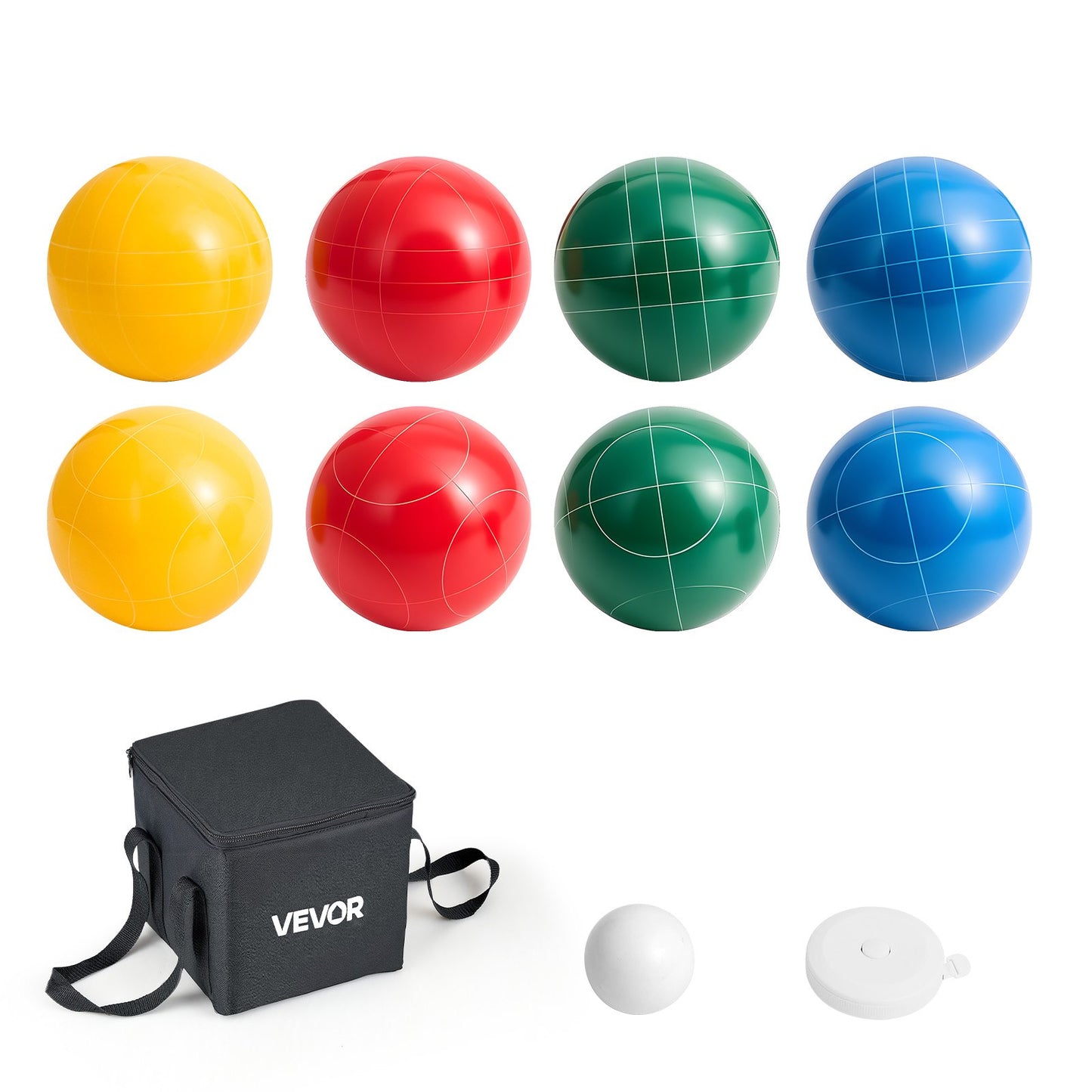 Bocce Ball Set, 100 mm, with 8 Resin Balls, Pallino, Carrying Bag and Measuring Rope, Red/Green/Blue/Yellow 4 Colors, for 2 to 8 Players, Bocce Ball Game Set for Beach, Lawn, Family Backyard