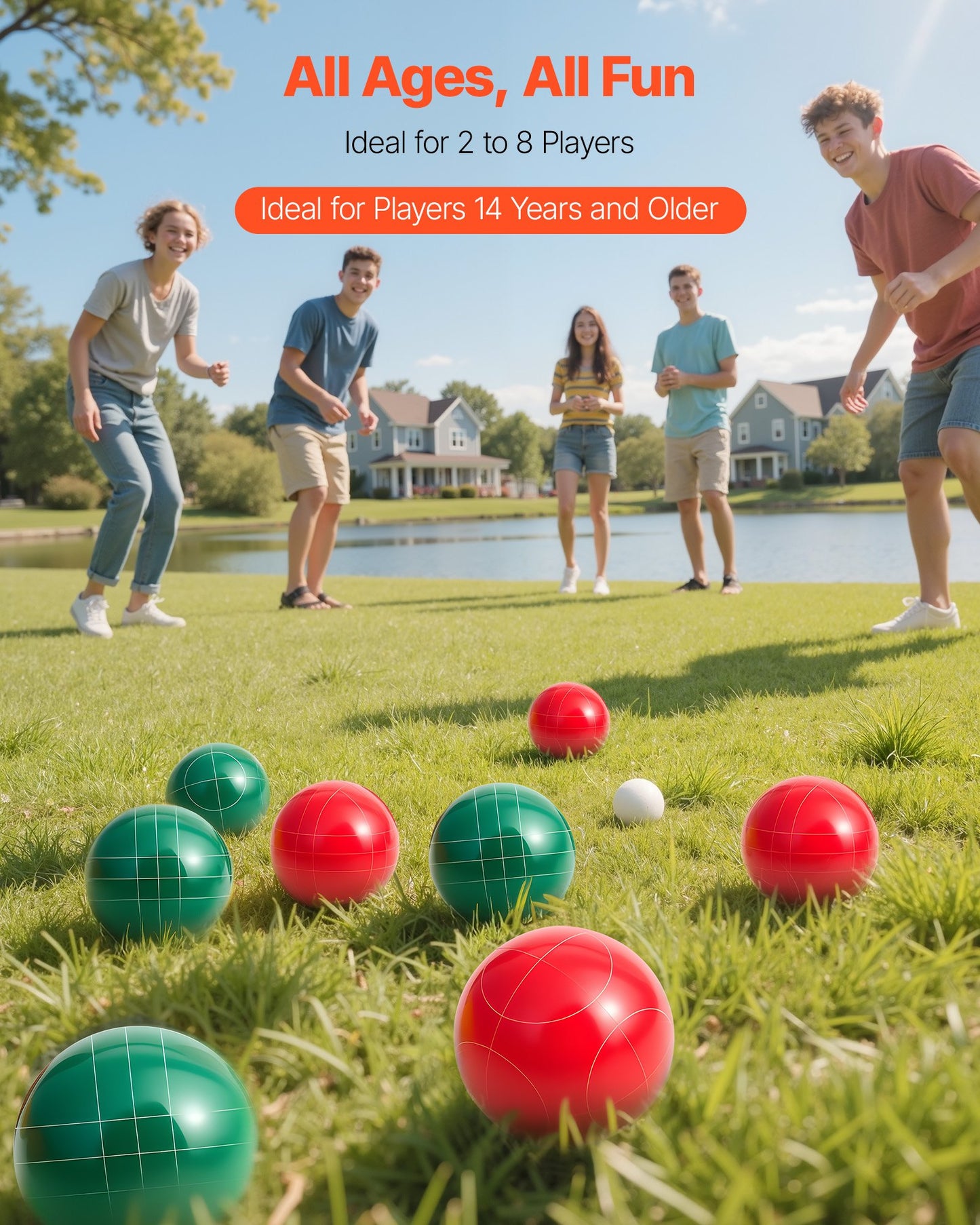 Bocce Ball Set, 107 mm, with 8 Resin Balls, Pallino, Carrying Bag and Measuring Rope, Red and Green 2 Colors, for 2 to 8 Players, Bocce Ball Game Set for Beach, Lawn, Family Backyard, Outdoor
