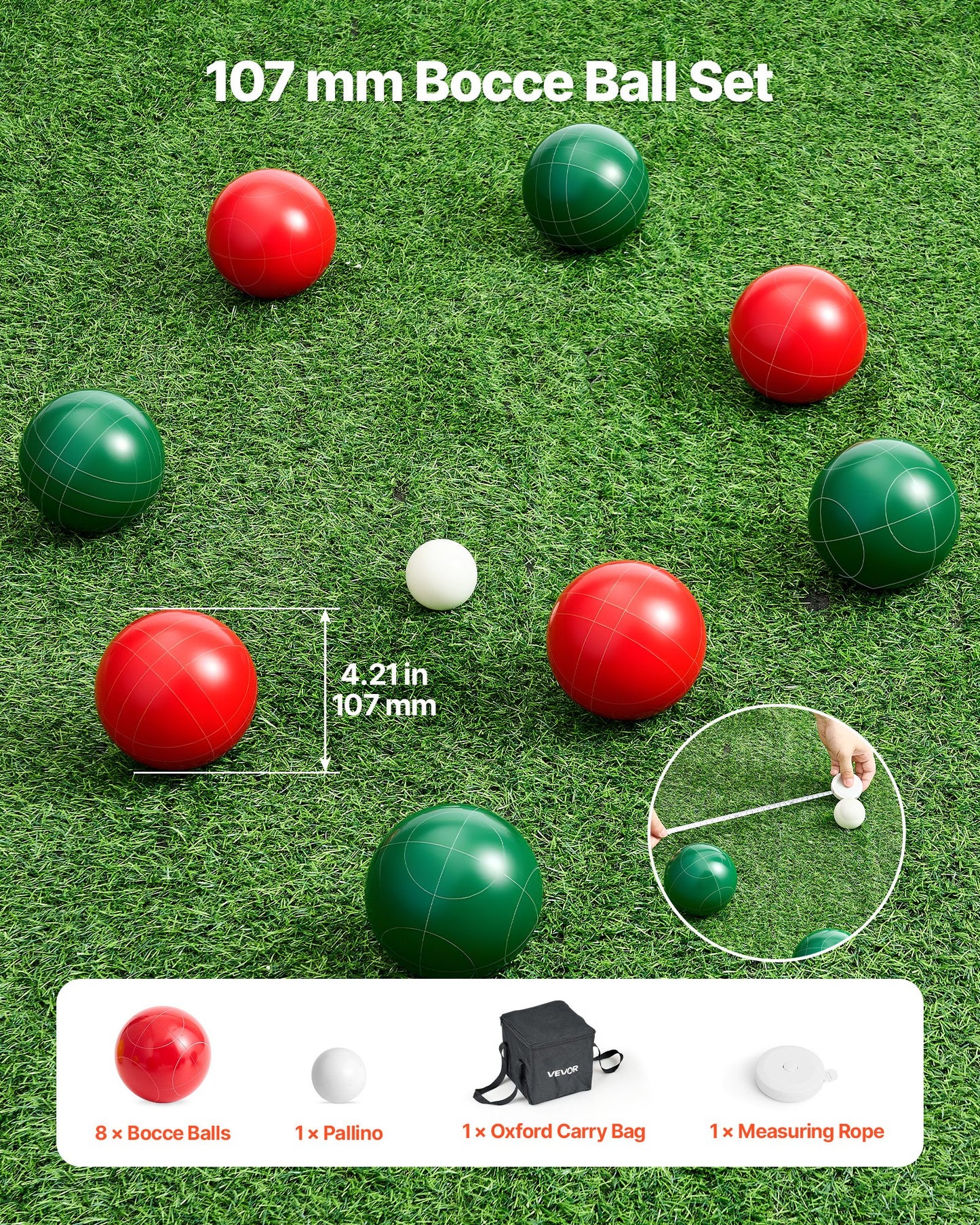 Bocce Ball Set, 107 mm, with 8 Resin Balls, Pallino, Carrying Bag and Measuring Rope, Red and Green 2 Colors, for 2 to 8 Players, Bocce Ball Game Set for Beach, Lawn, Family Backyard, Outdoor
