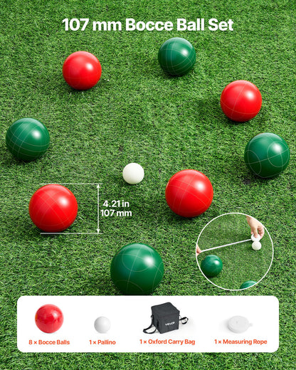 Bocce Ball Set, 107 mm, with 8 Resin Balls, Pallino, Carrying Bag and Measuring Rope, Red and Green 2 Colors, for 2 to 8 Players, Bocce Ball Game Set for Beach, Lawn, Family Backyard, Outdoor