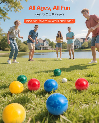 Bocce Ball Set, 107 mm, with 8 Resin Balls, Pallino, Carrying Bag and Measuring Rope, Red/Green/Blue/Yellow 4 Colors, for 2 to 8 Players, Bocce Ball Game Set for Beach, Lawn, Family Backyard