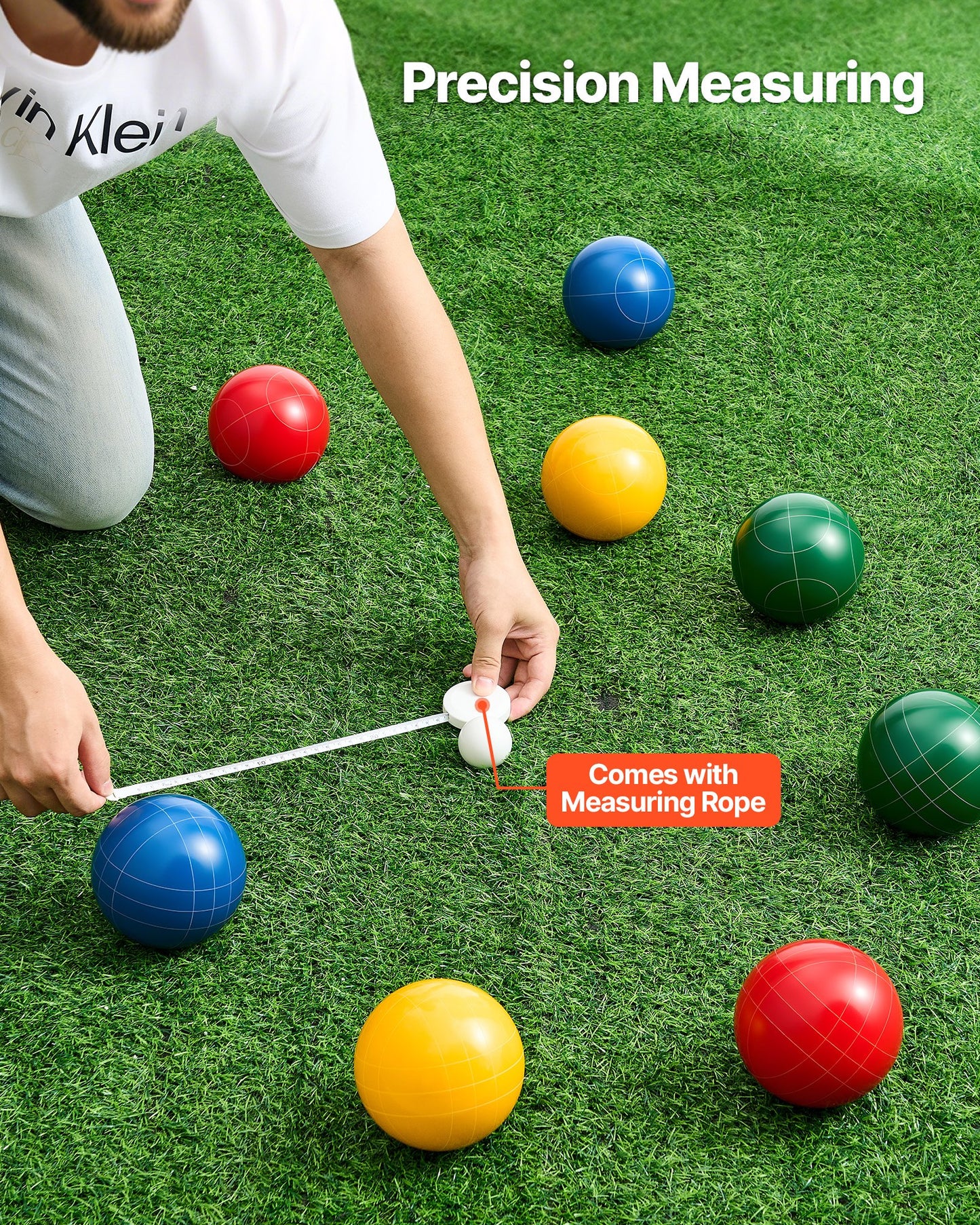Bocce Ball Set, 107 mm, with 8 Resin Balls, Pallino, Carrying Bag and Measuring Rope, Red/Green/Blue/Yellow 4 Colors, for 2 to 8 Players, Bocce Ball Game Set for Beach, Lawn, Family Backyard