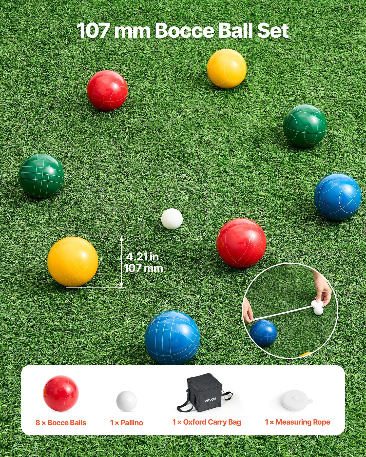 Bocce Ball Set, 107 mm, with 8 Resin Balls, Pallino, Carrying Bag and Measuring Rope, Red/Green/Blue/Yellow 4 Colors, for 2 to 8 Players, Bocce Ball Game Set for Beach, Lawn, Family Backyard