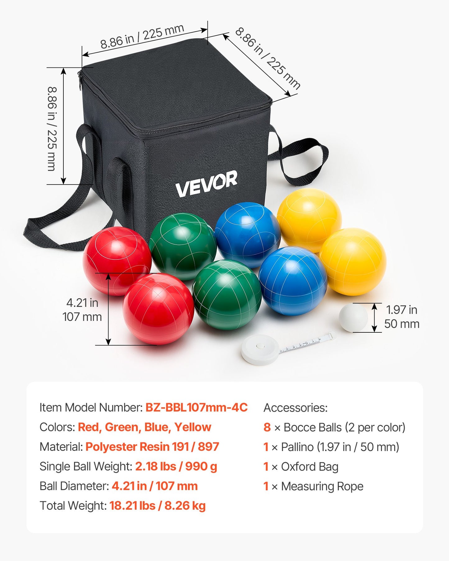 Bocce Ball Set, 107 mm, with 8 Resin Balls, Pallino, Carrying Bag and Measuring Rope, Red/Green/Blue/Yellow 4 Colors, for 2 to 8 Players, Bocce Ball Game Set for Beach, Lawn, Family Backyard