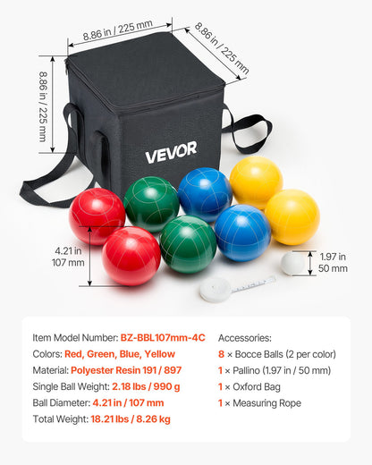 Bocce Ball Set, 107 mm, with 8 Resin Balls, Pallino, Carrying Bag and Measuring Rope, Red/Green/Blue/Yellow 4 Colors, for 2 to 8 Players, Bocce Ball Game Set for Beach, Lawn, Family Backyard