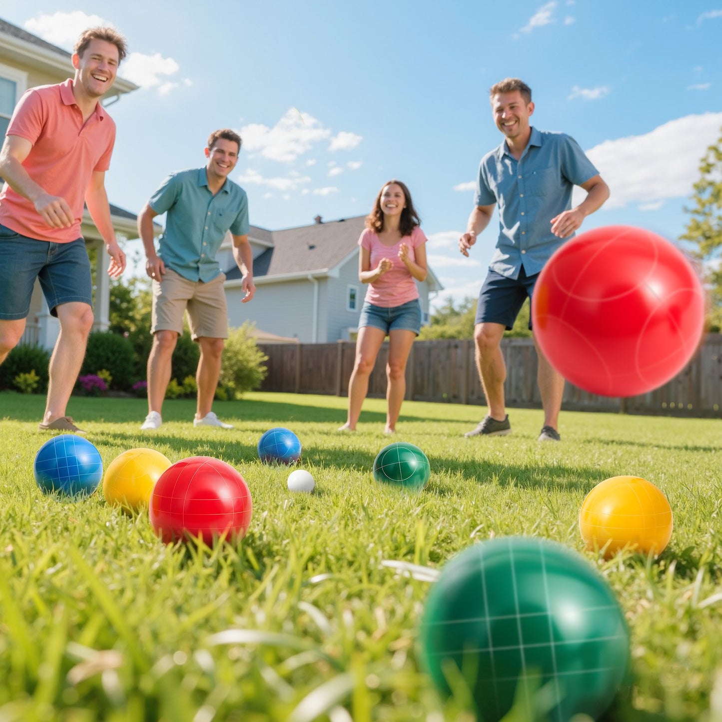 Bocce Ball Set, 107 mm, with 8 Resin Balls, Pallino, Carrying Bag and Measuring Rope, Red/Green/Blue/Yellow 4 Colors, for 2 to 8 Players, Bocce Ball Game Set for Beach, Lawn, Family Backyard