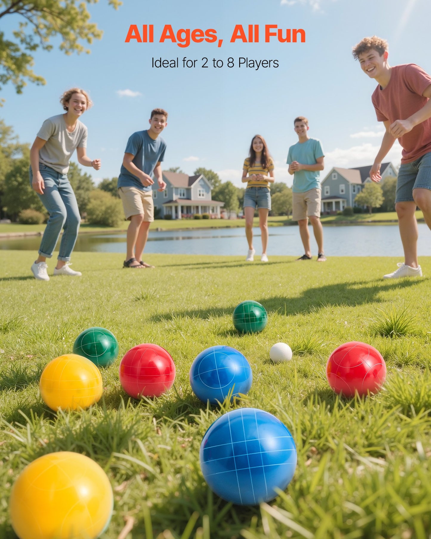 Bocce Ball Set, 90 mm, with 8 Resin Balls, Pallino, Carrying Bag and Measuring Rope, Red/Green/Blue/Yellow 4 Colors, for 2 to 8 Players, Bocce Ball Game Set for Beach, Lawn, Family Backyard
