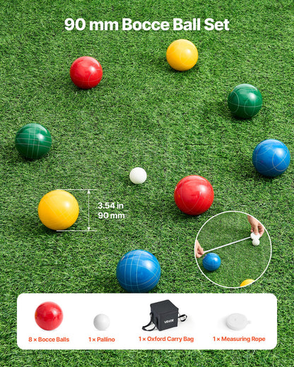 Bocce Ball Set, 90 mm, with 8 Resin Balls, Pallino, Carrying Bag and Measuring Rope, Red/Green/Blue/Yellow 4 Colors, for 2 to 8 Players, Bocce Ball Game Set for Beach, Lawn, Family Backyard