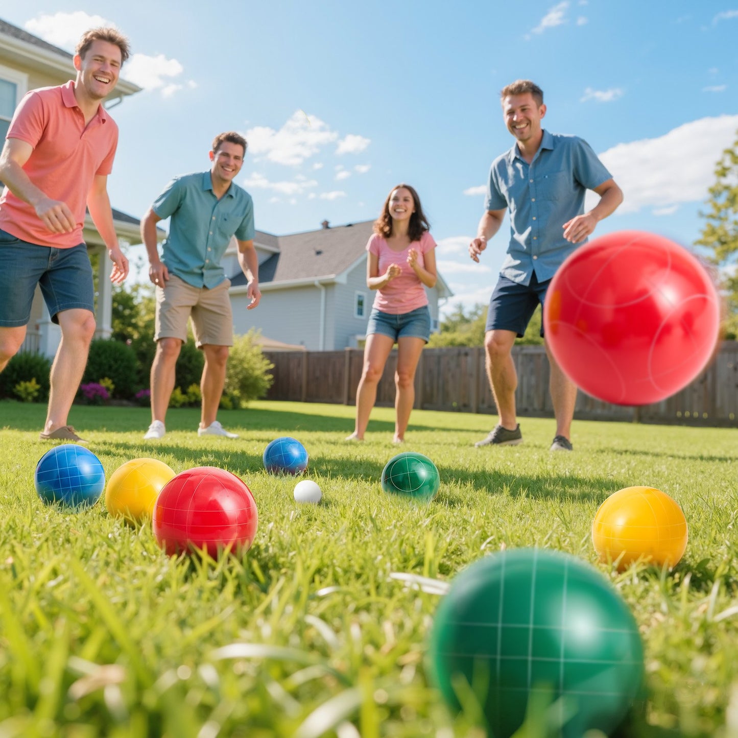Bocce Ball Set, 90 mm, with 8 Resin Balls, Pallino, Carrying Bag and Measuring Rope, Red/Green/Blue/Yellow 4 Colors, for 2 to 8 Players, Bocce Ball Game Set for Beach, Lawn, Family Backyard