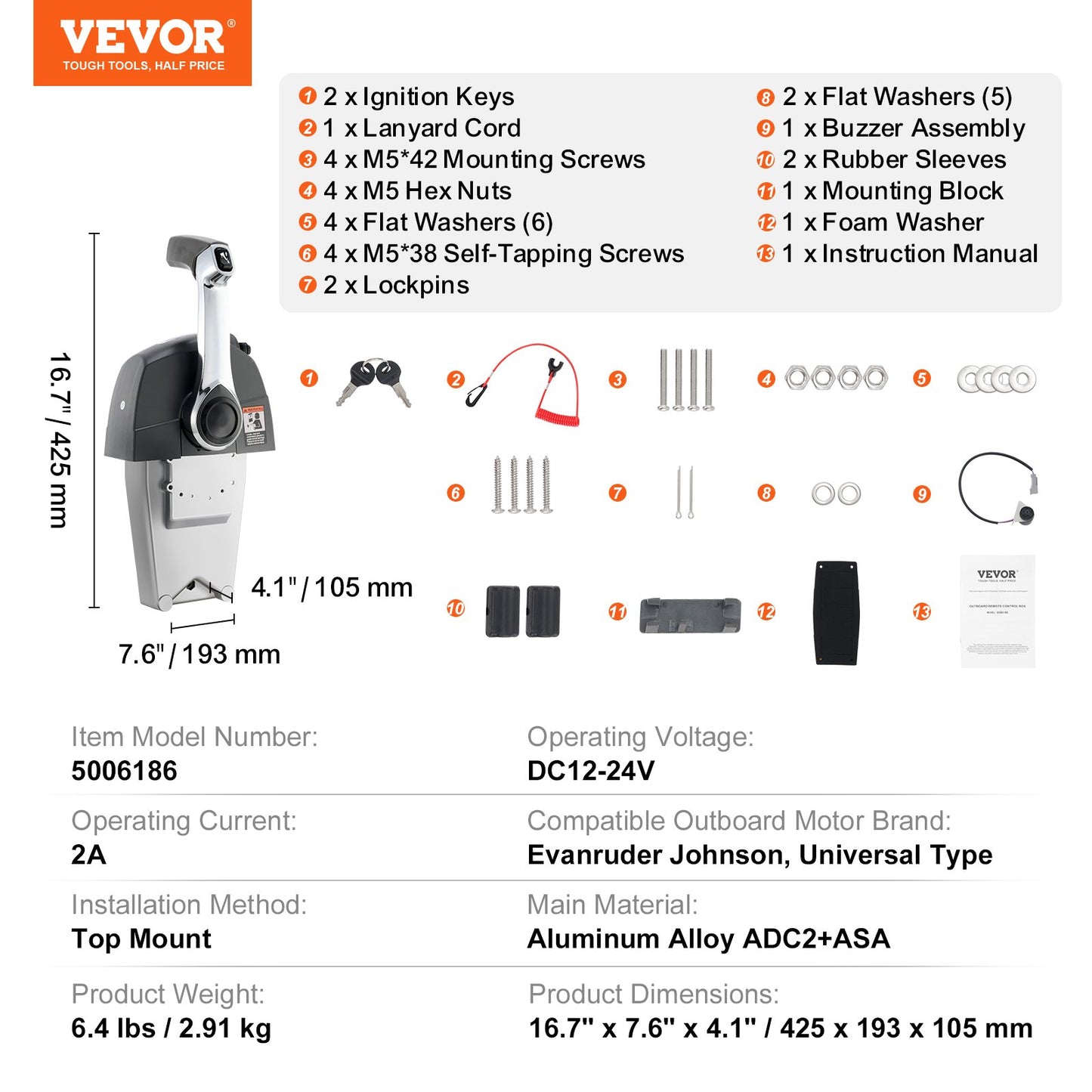 VEVOR Boat Throttle Control, 5006186 Top-Mounted Outboard Remote Control Box for
