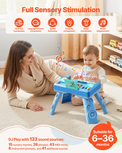 Baby DJ Playset for Toddlers 1-3, Educational Musical Table Toys with 133 Sound Sources, Recording and LED DJ Turntable, Baby Activity Table for Birthday, Gift for Kids Aged 6+ Months