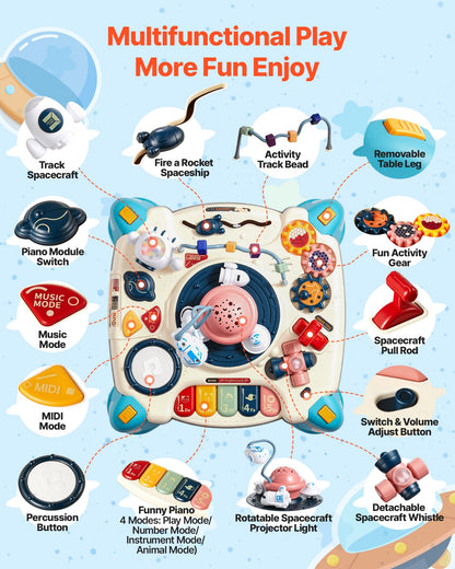 Baby Spacecraft Musical Table Toys for 1-3 Years Old, Learning Activity Desk with Space Theme & Soft-glow Star Projector & 60+ Sound Sources, Toddler Learning Table for Kids 6+ Months