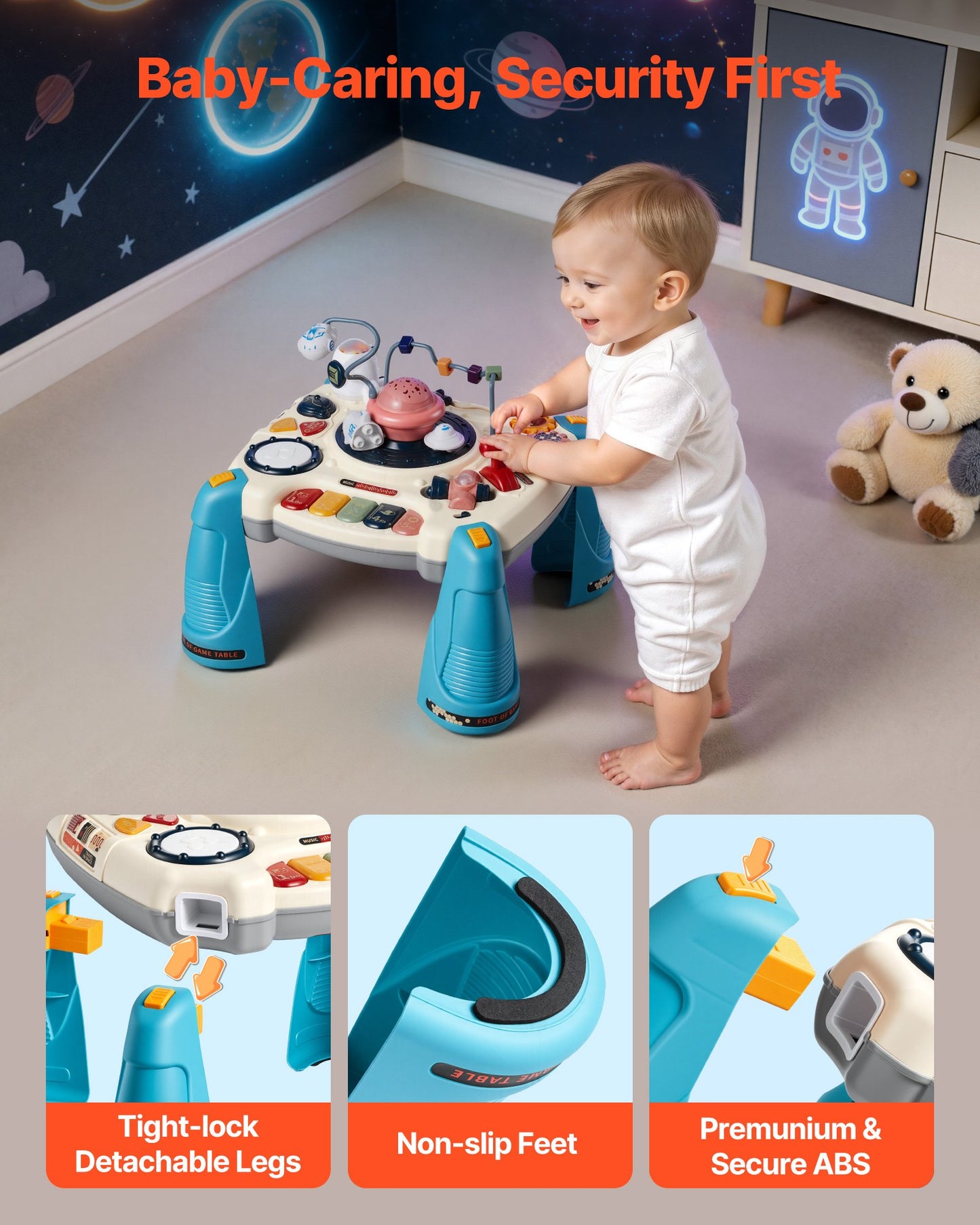 Baby Spacecraft Musical Table Toys for 1-3 Years Old, Learning Activity Desk with Space Theme & Soft-glow Star Projector & 60+ Sound Sources, Toddler Learning Table for Kids 6+ Months
