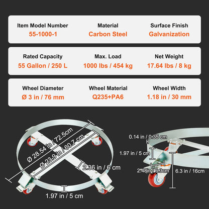 Heavy Duty 250L Drum Dolly, 454kg Capacity, Steel Frame with Swivel Casters