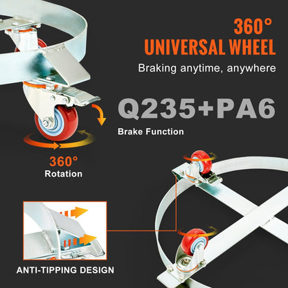 2PCS 250L Heavy Duty Drum Dolly, 454kg Load, Steel Frame & Swivel Casters