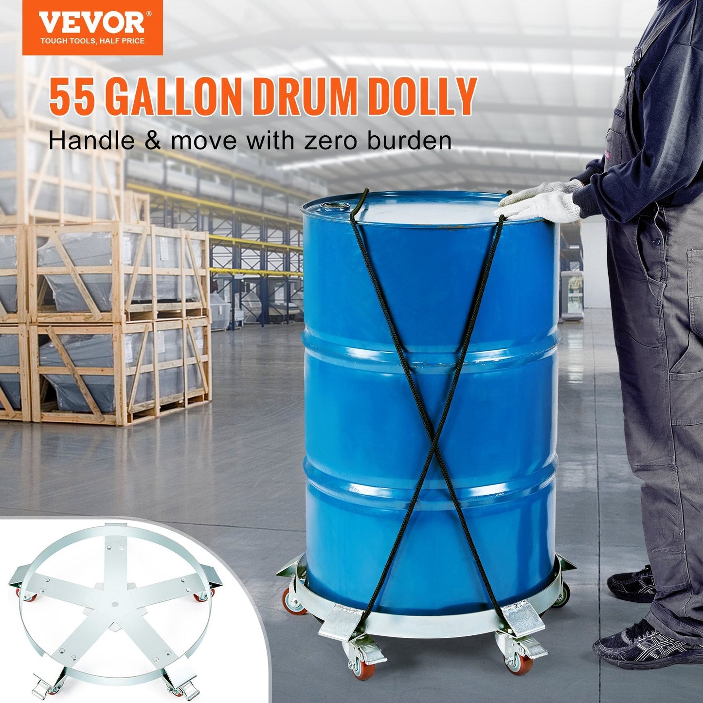 Heavy Duty Drum Dolly, 567 kg Capacity, 250L Barrel Cart with 5 Swivel Wheels