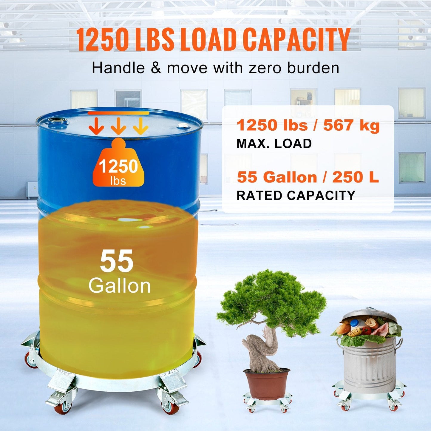 Heavy Duty Drum Dolly, 567 kg Capacity, 250L Barrel Cart with 5 Swivel Wheels