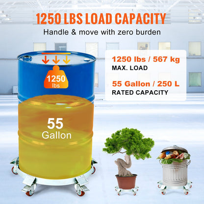 Heavy Duty Drum Dolly, 567 kg Capacity, 250L Barrel Cart with 5 Swivel Wheels