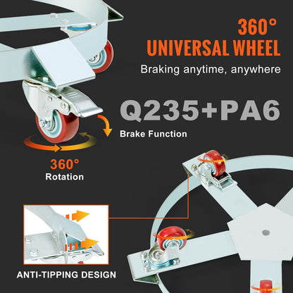 Heavy Duty Drum Dolly, 567 kg Capacity, 250L Barrel Cart with 5 Swivel Wheels