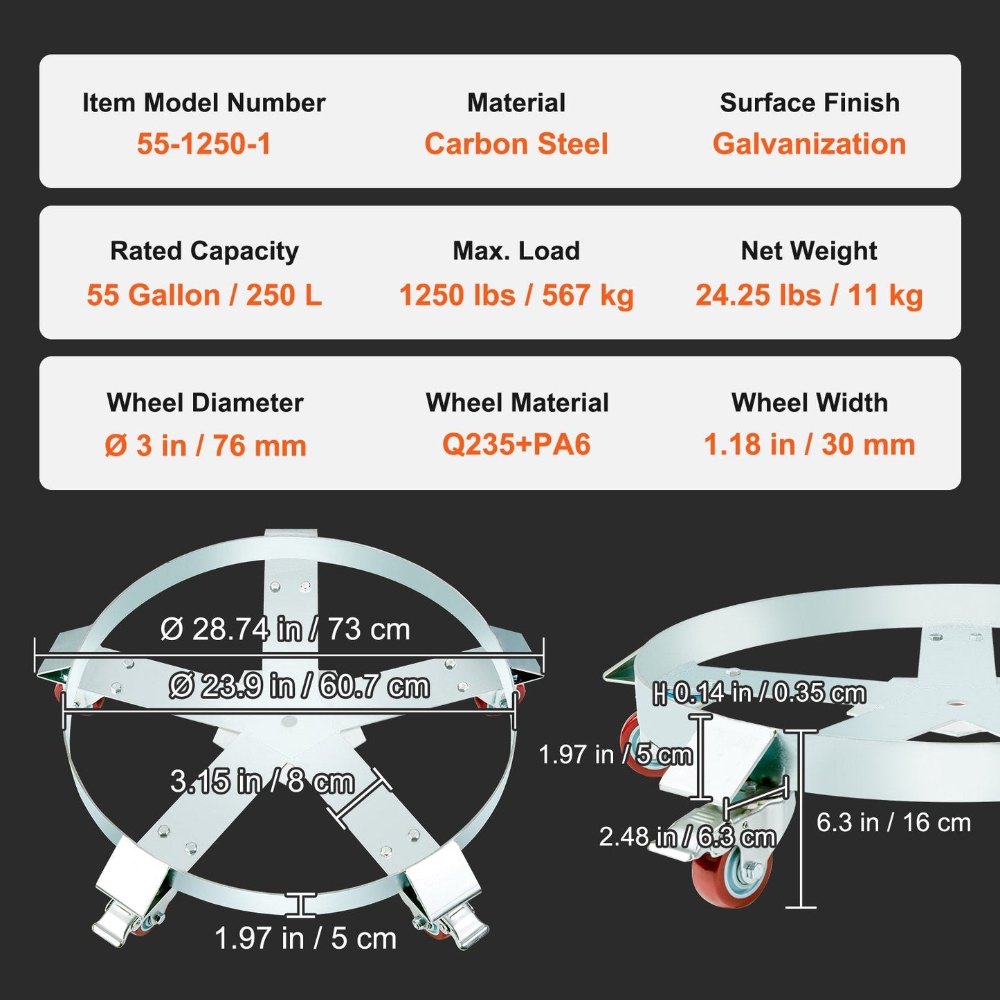 Heavy Duty Drum Dolly, 567 kg Capacity, 250L Barrel Cart with 5 Swivel Wheels