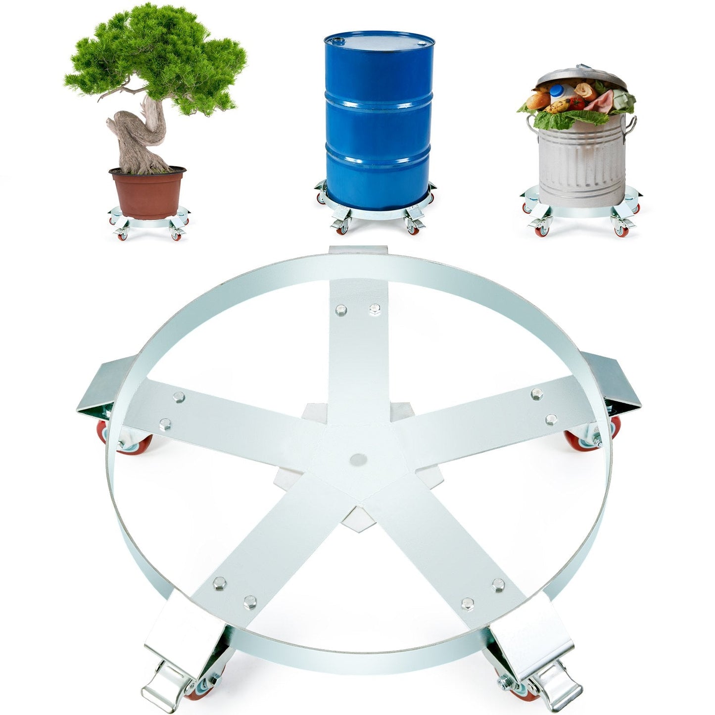 Heavy Duty Drum Dolly, 567 kg Capacity, 250L Barrel Cart with 5 Swivel Wheels