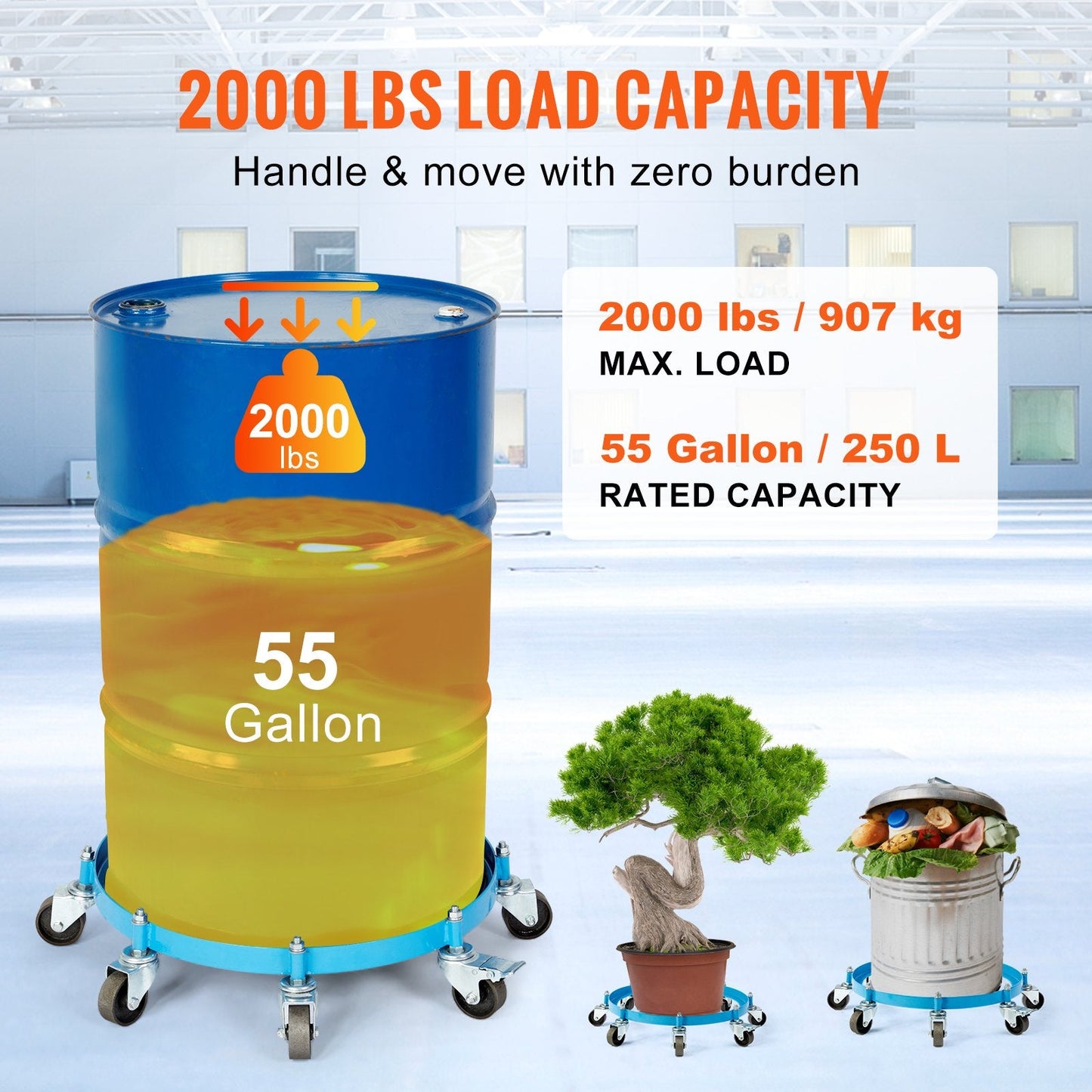 Heavy Duty 55 Gallon Drum Dolly with 907 kg Capacity and 8 Swivel Casters
