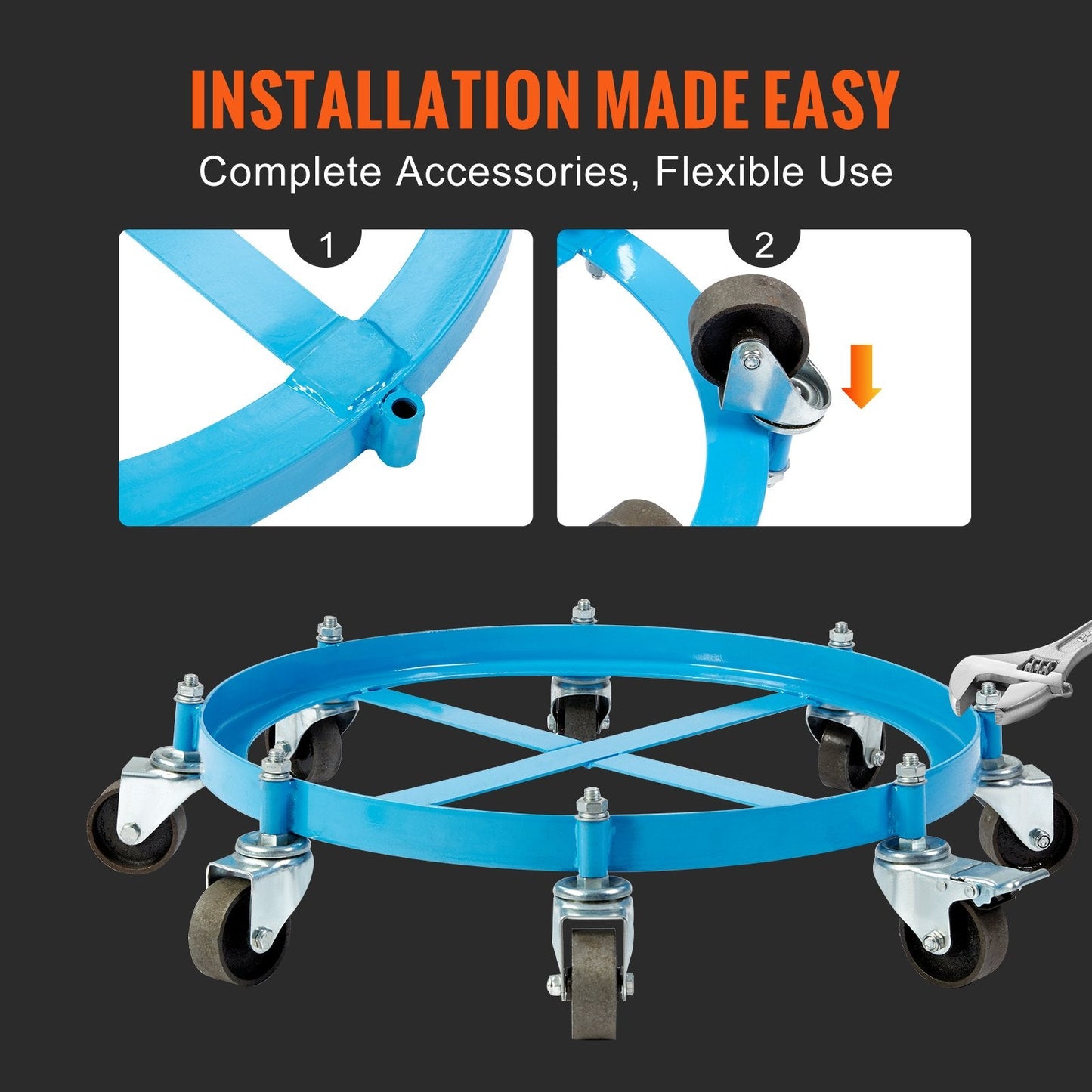 Heavy Duty 55 Gallon Drum Dolly with 907 kg Capacity and 8 Swivel Casters